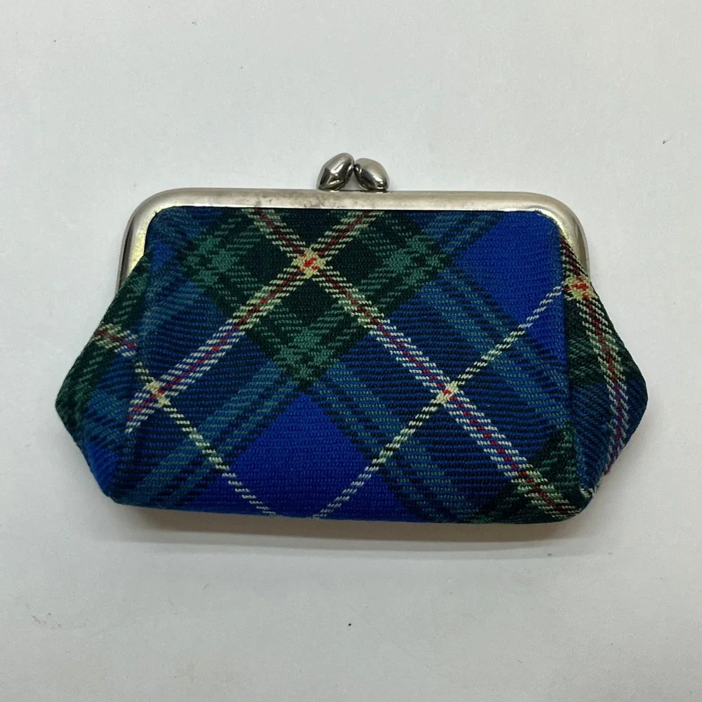 Vintage Blue Green Plaid Tartan Coin Purse Kiss Lock Clasp Small Pouch Wallet‎
